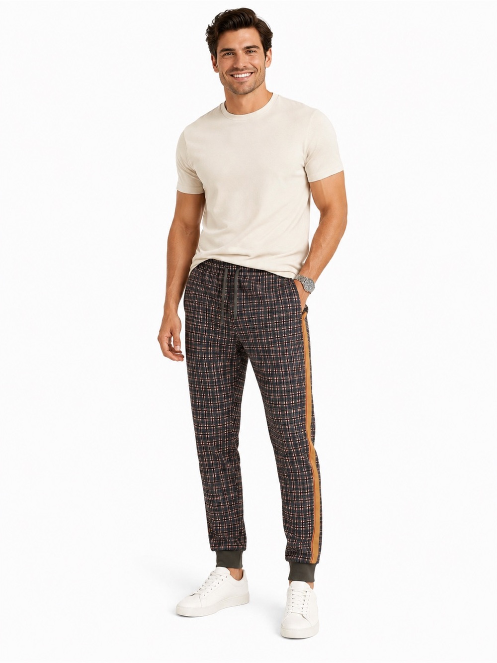 Men's Plaid Joggers with Tan Side Stripe